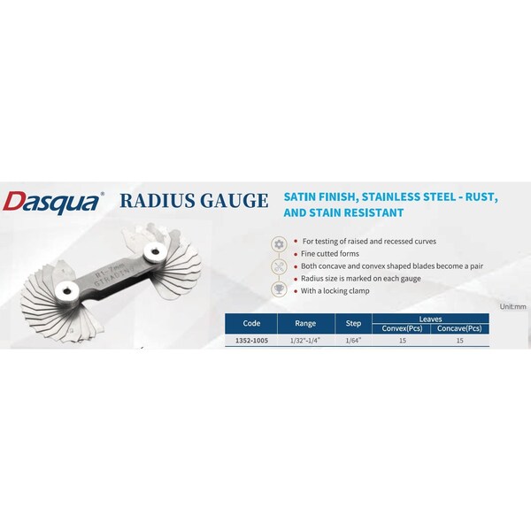 H & H Industrial Products Dasqua 30 Piece 1/32-1/4" X 64ths Concave & Convex Gage 1352-1005 - main